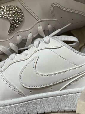 Nike White Leather Low-Top Sneakers with Crystal Swoosh Accent